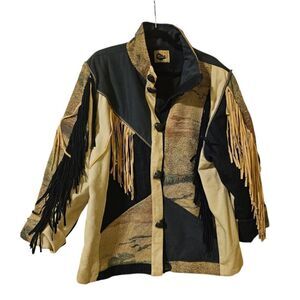 WESTERN COLLECTION Vintage Mixed Material Fringe Jean Jacket - Size XL